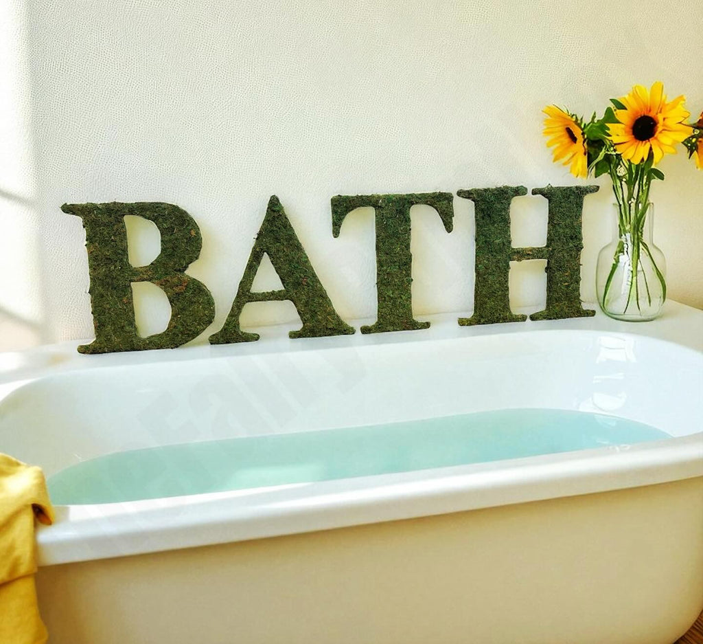 Moss Decorative Letters that sit on shelf in bathroom and spell BATH.