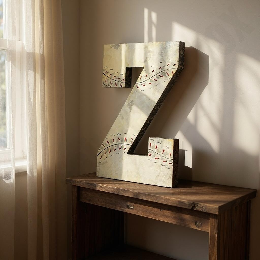 Vintage Baseball Theme Kids Room Decor Standing Table Letter. Wooden Baseball Monogram for Baby Room sits on desk.