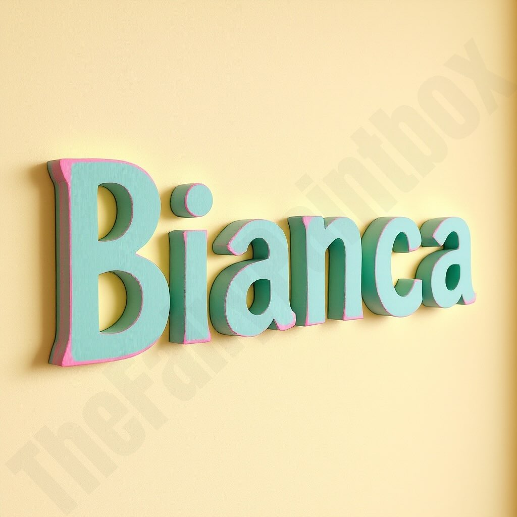 Wooden letters spelling 'Bianca' in a green and pink color scheme.