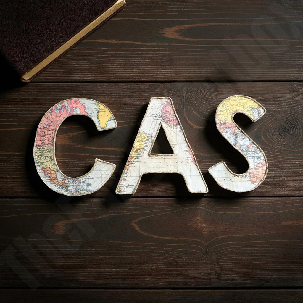 Decorative letters 'CAS' on a wooden surface with a map texture.