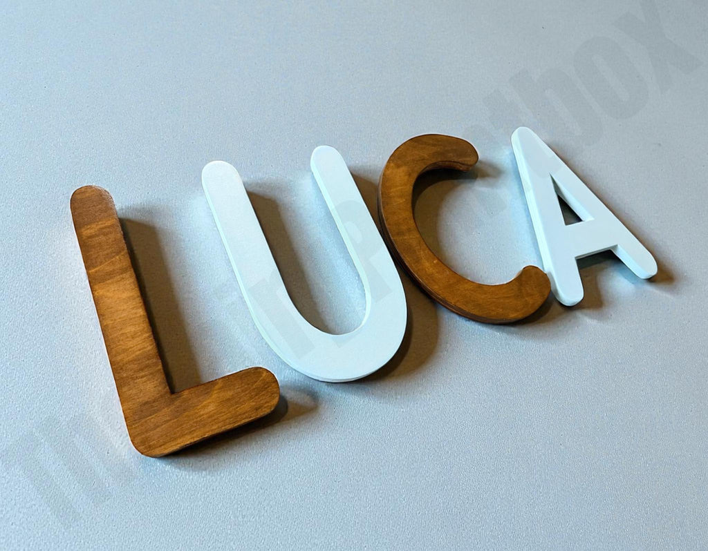 Stained Wooden letters laying a flat table.