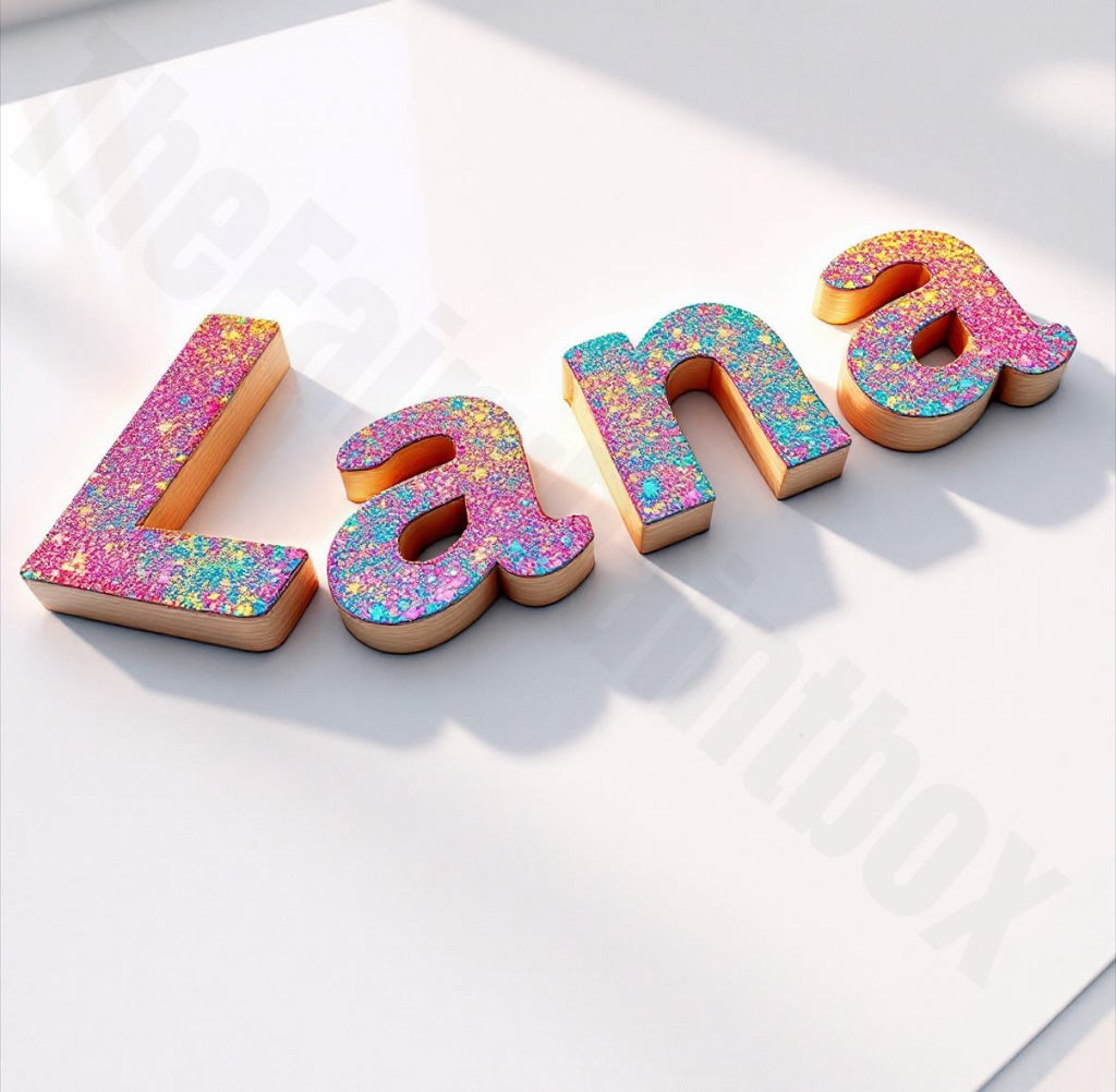 Glitter wood letters that spell a baby's name laying on a white dresser.