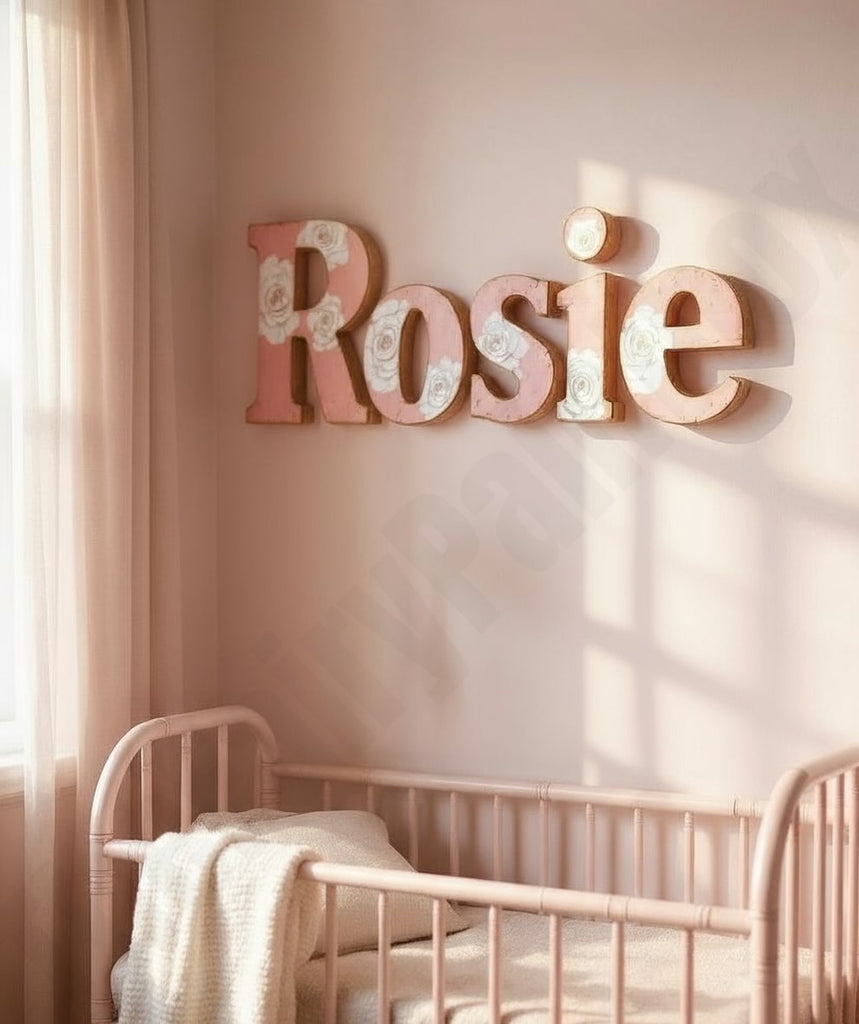 Nursery room with a crib and decorative name sign reading 'Rosie' on a wall.