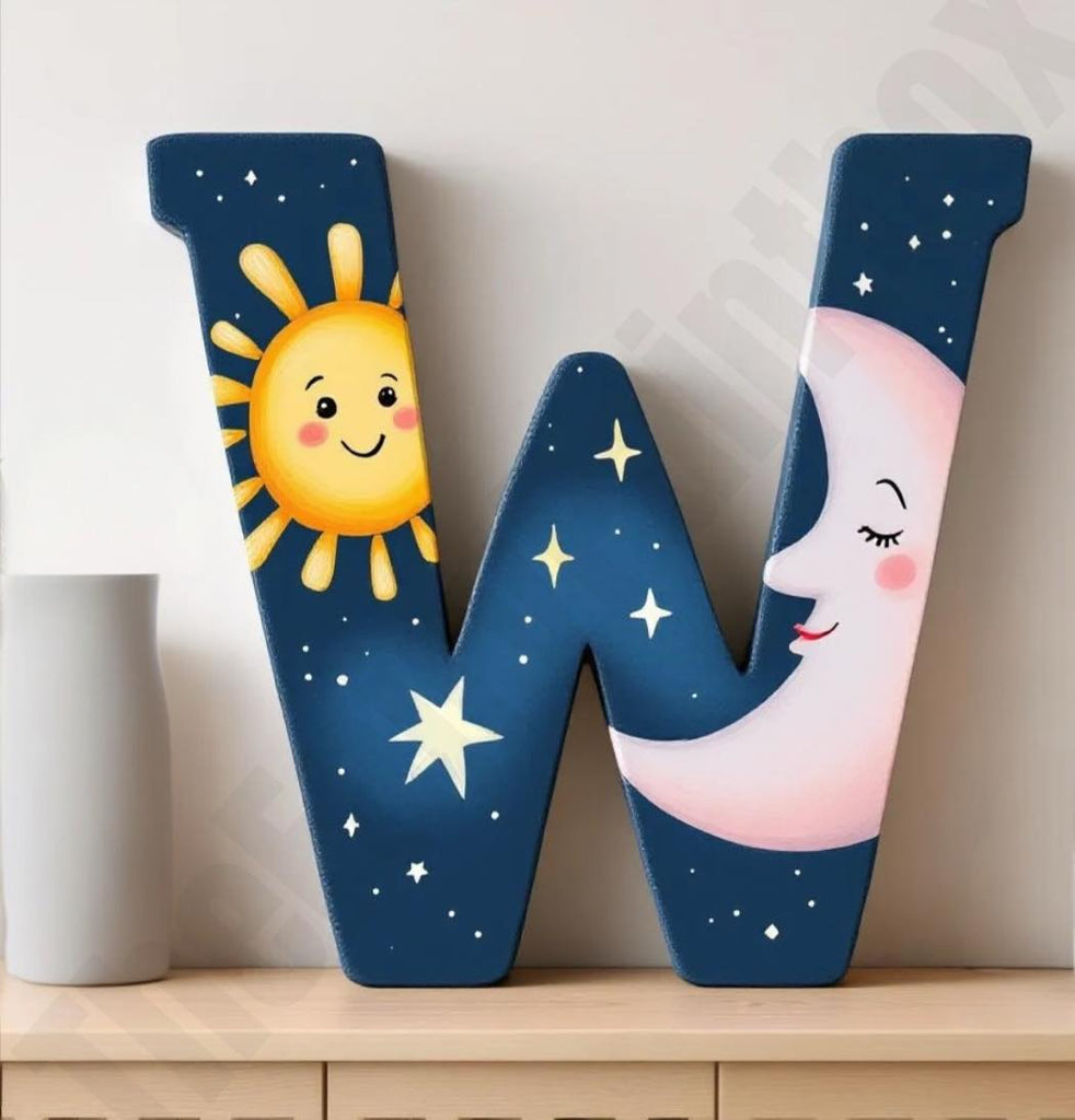 Sun Moon Painted Wood Letter sits on shelf in child's room.