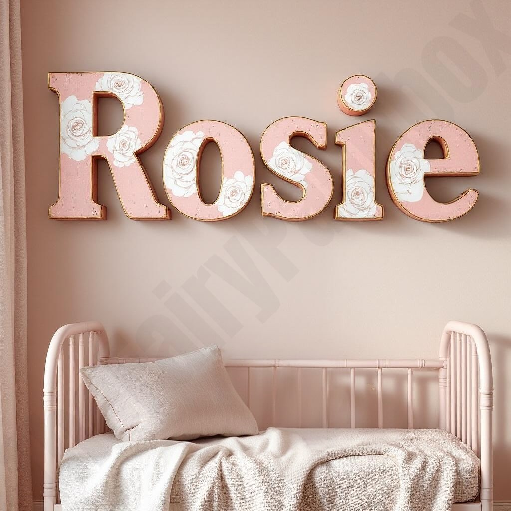 Bedroom with decorative letters spelling 'Rosie' on a wall above a bed.