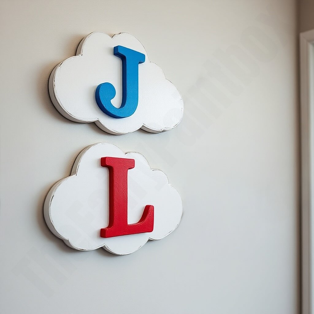 Decorative cloud-shaped wall art with blue 'J' and red 'L' on a plain wall.
