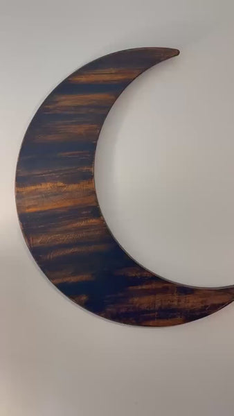 Stained Wood Crescent Moon Sign Navy and Walnut Celestial Wall Art