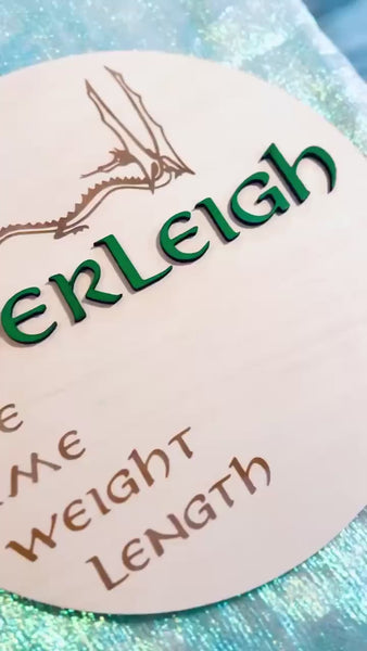 Smaug the Dragon engraved on baby name announcement sign. Engraved with Date, time, weight and length with customizable fields for baby's unique information.