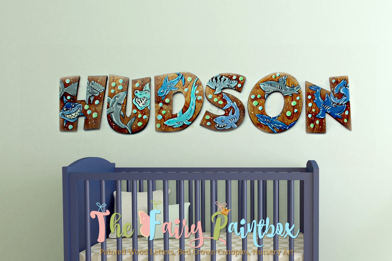 monsters inc bedroom accessories Shark Stained Wooden Letters - Shark Nursery Room Decor
